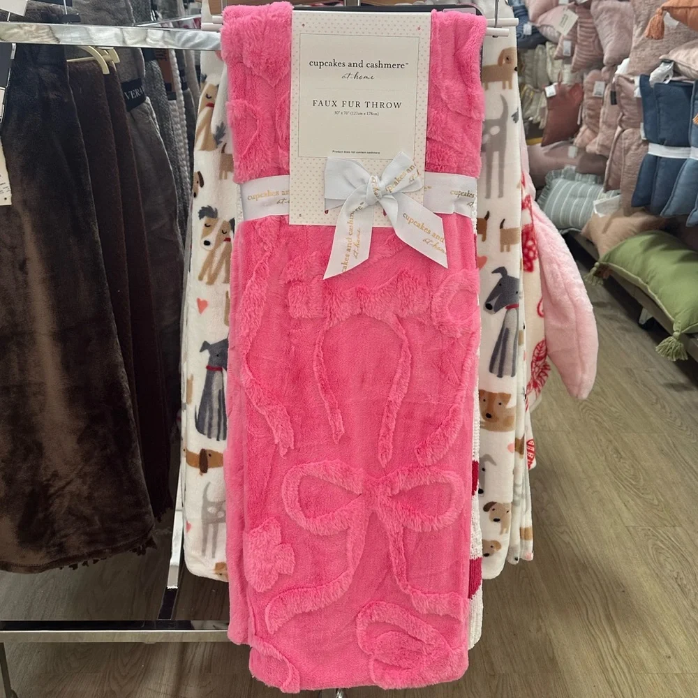 Cupcakes & Cashmere Pink Bow Embossed Faux Fur Throw Blanket